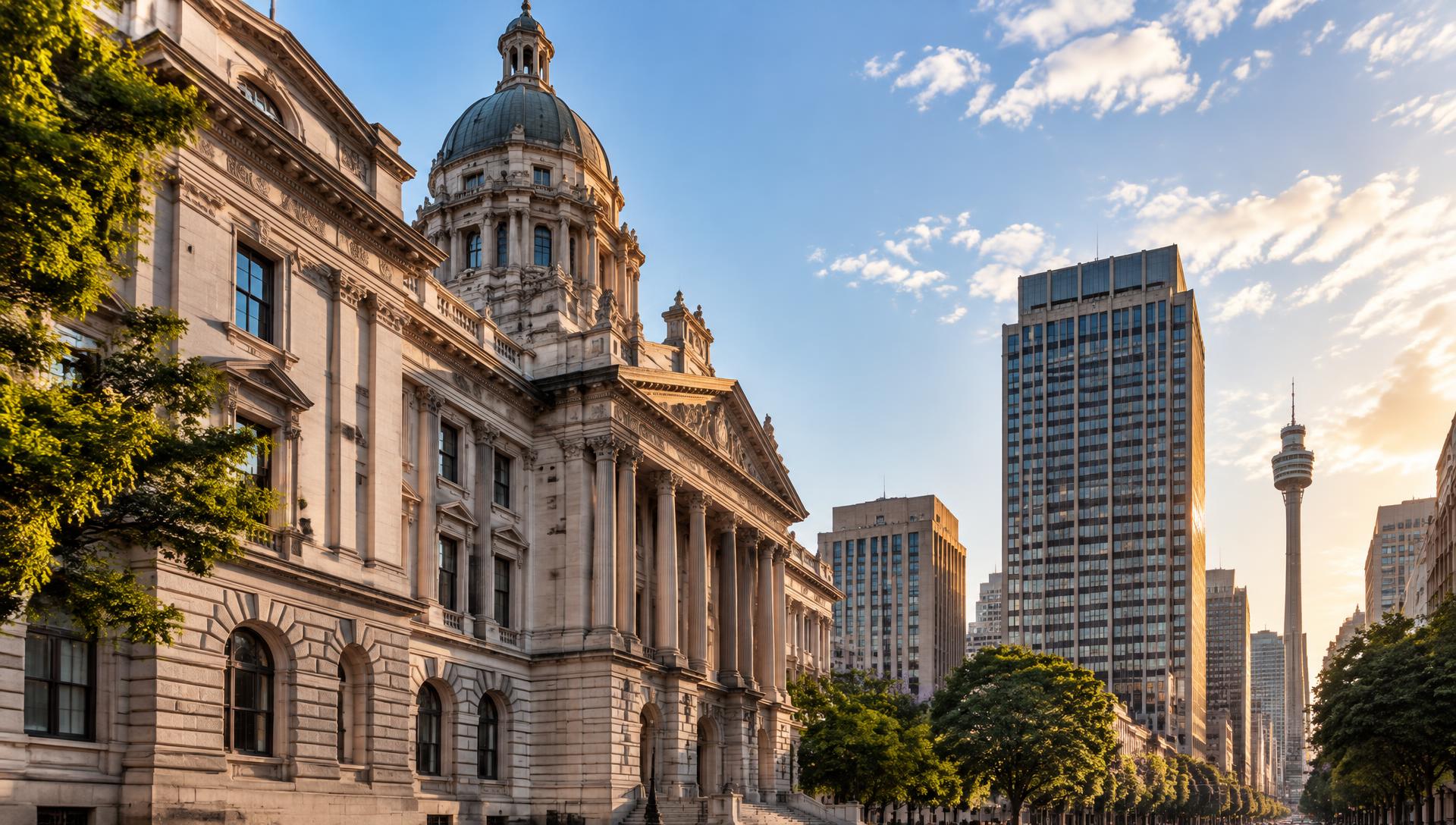 South African city architecture, historic stone buildings alongside modern offices